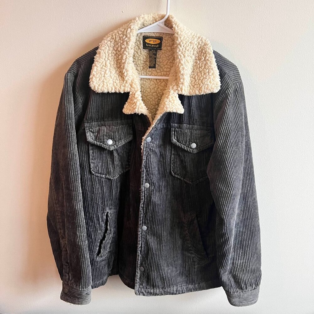 Free People Gray Corduroy Jacket with Cream Sherpa Collar